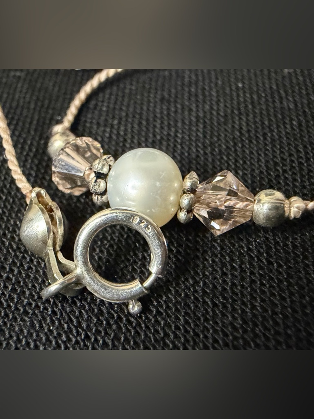 Freshwater pearl, crystal and sterling silver pink cord necklace. - Picture 7 of 12